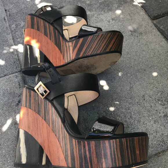 $675 JIMMY CHOO MULTICOLOR PLATFORM WOOD SANDAL PATENT STRAPS SIZE 35 WORN ONCE - Picture 7 of 7